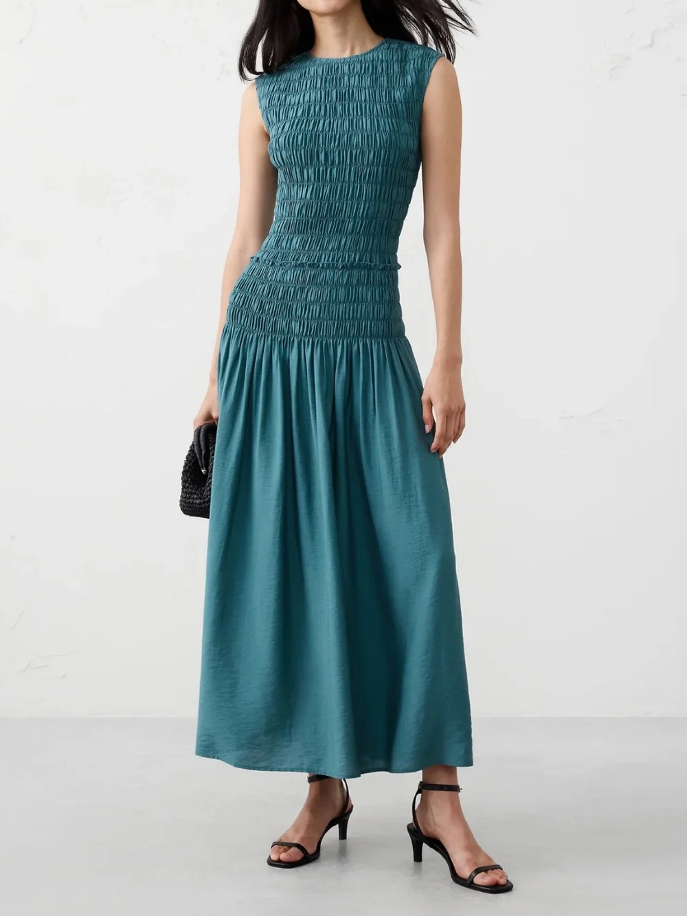 Banana Republic Smocked Bodice Maxi Dress Linen Thermal Spring Blue Size XL TALL - Picture 1 of 10